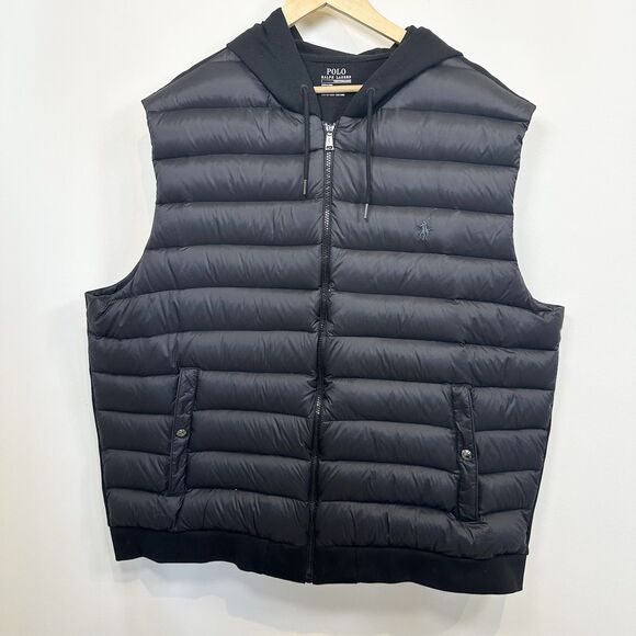 Polo Ralph Lauren Vest Mens 2XB Black Down Filled Hooded Full Zip Puffer Classic - Picture 1 of 10
